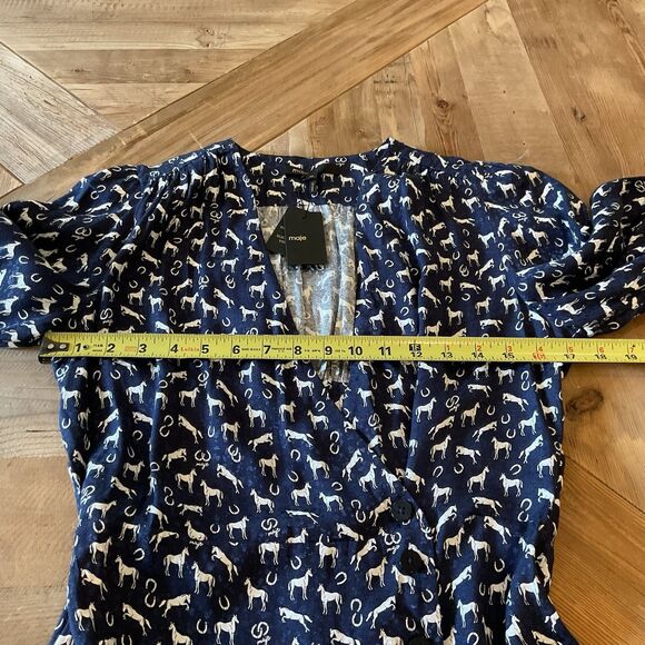 Maje Horse Print Jacquard Wrap Dress Navy Size 38 US 6 NWT $340 Equestrian Mini - Picture 9 of 11